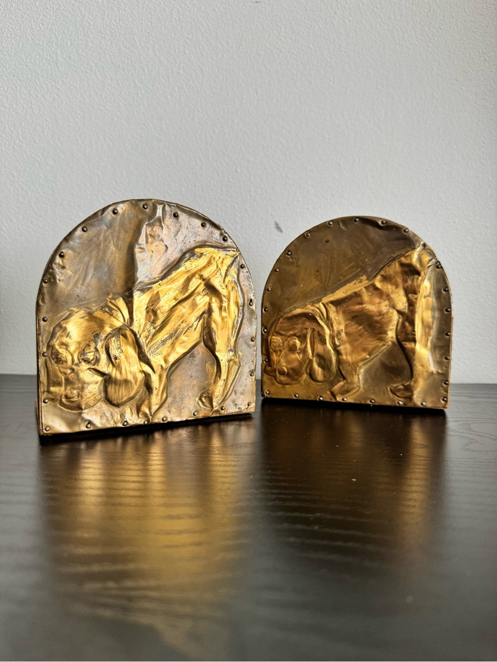 Vintage Gold and Bronze Dog Relief Bookends